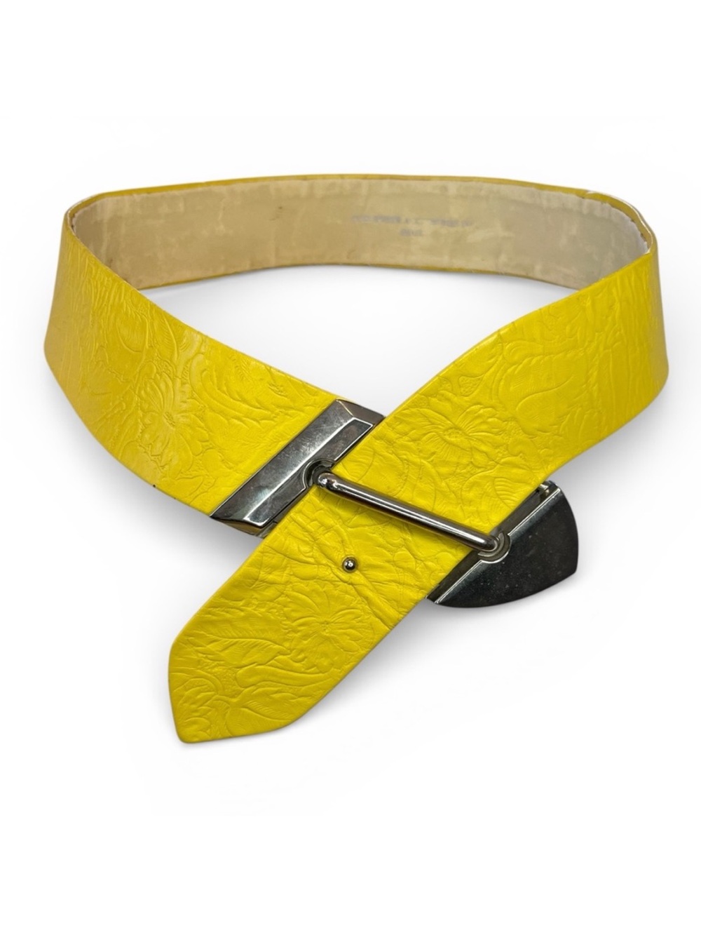 Vintage Suzi Roher Yellow Leather Embossed Asymmetrical Silver Cinch Belt small